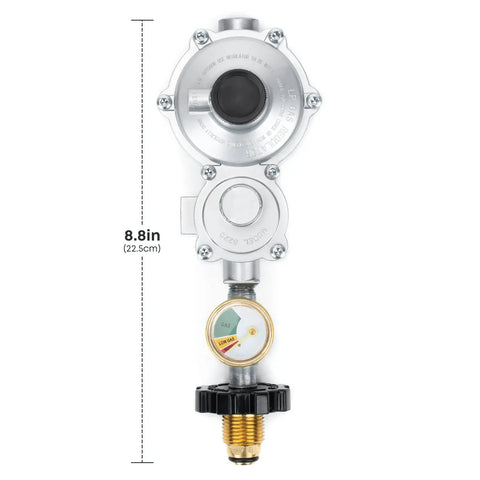 Horizontal Two Stage Propane Regulator With Gauge Three Eighth Inch Female NPT And POL Tank Connection, brass construction