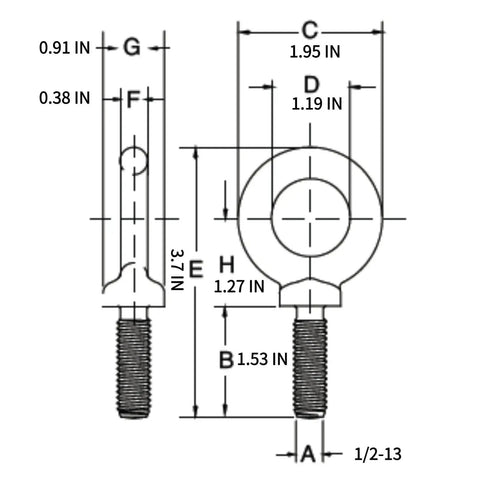 Technical diagram of Two Pack Built Tough Heavy Duty Lifting Shoulder Eye Bolts One Half Inch For Rigging And Material Handling