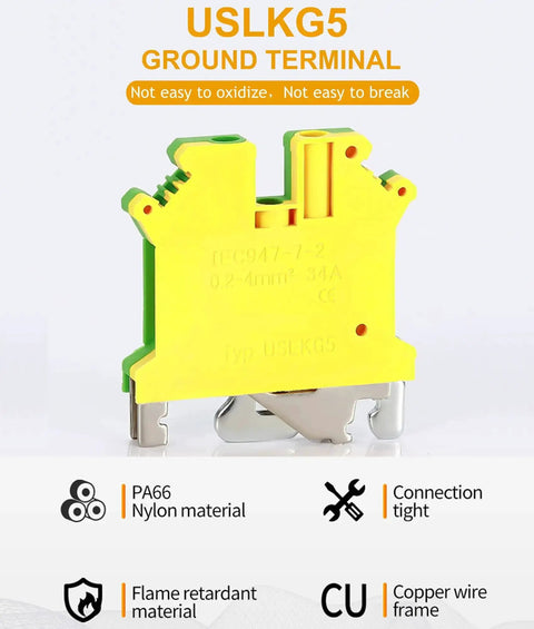 DIN Rail Ground Terminal Block With Screw Clamp For 600V 30A Electrical Wiring, Supports 24-10 AWG Conductors, Nylon PA66 Housing, USLKG5 model