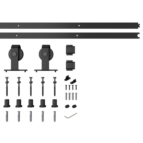 6 Foot Heavy Duty Black Top Mounted Barn Door Hardware Kit For 36 Inch Aluminum Framed Glass Door Or Wooden Barn Door With Carbon Steel Track And Nylon Wheels In Matte Black Finish Built To Last Rock Solid components displayed