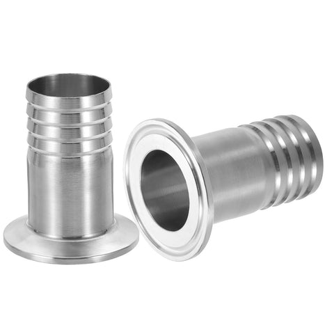 Two stainless steel sanitary tri-clamp hose barb adapters, 1.5in to 1-1/4in