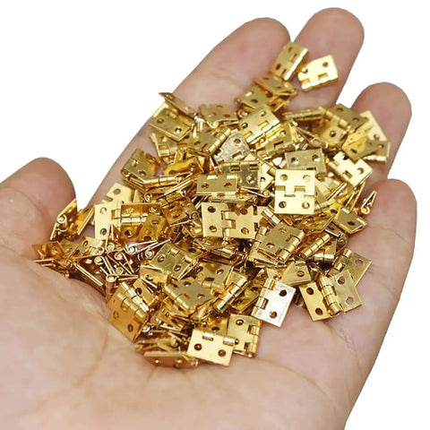 Gold Mini Brass Hinges Set For Dollhouse And Tiny Furniture, 100 Pcs 10x8mm 180 Degree Swing Hinges with 400 Mounting Nails in hand