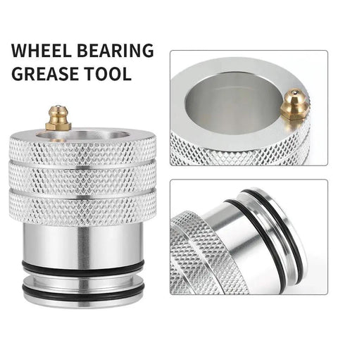 39mm Wheel Bearing Grease Tool for Can Am Maverick X3 in aluminum with knurled grip and O-ring seal, front and side views