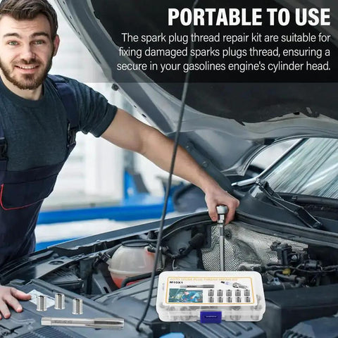 Mechanic using Spark Plug Thread Repair Kit Stainless Steel Rethread Set for M10x1.0 and M12x1.0 Threads in car engine bay.