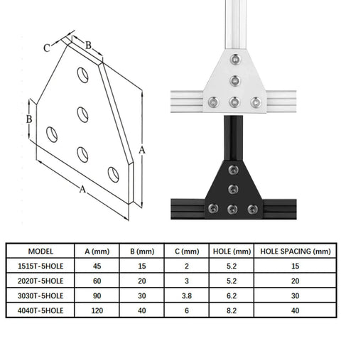 Corner Brackets For 4040 Aluminum Extrusion 5 Hole T Shape Joint Plates Set Four Pieces Black Pro Grade Heavy Duty Connectors diagram
