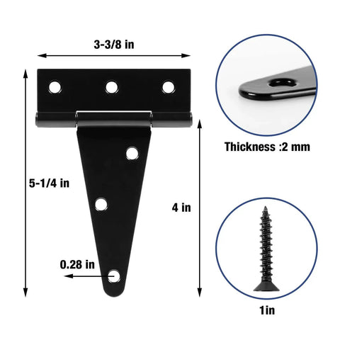 Diagram of Beefy Four Pack 4 Inch T Strap Hinges Heavy Duty Outdoor Hinges For Wood Gates Barn Fence Shed Doors Black Finish with measurements