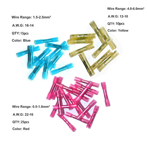 Heat shrink butt connectors kit, 50 pcs: blue 15, yellow 10, pink 25; blue 1.5–2.5, yellow 4–6, pink 0.5–1 mm2.