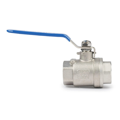 Ball valve, 3/4 in, 316 stainless steel, blue lever handle, full-port, female NPT ends.