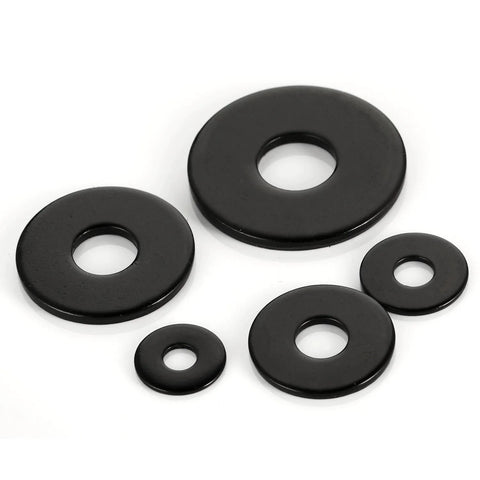 Five black stainless steel flat washers with 1/4 in inner holes and varying outer diameters.