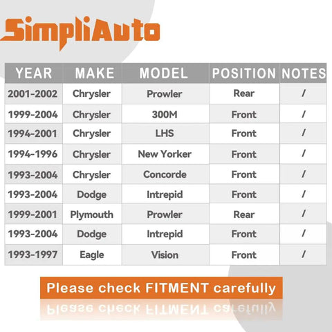Fitment compatibility chart for Wheel Hub Bearing Replacement 513089 DIY Friendly Fits Front Or Rear On 1999-2004 Chrysler 300M and more