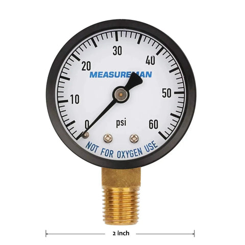 Front view of Two Pack 2 Inch Dry And Utility Pressure Gauges 0 To 60 Psi With One Quarter Inch NPT Lower Mount For Pool Spa Aquarium