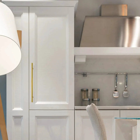 Brushed Gold Cabinet Handles 10 Inch Set Of 5 Stainless Steel Drawer Pulls installed on modern kitchen cabinet