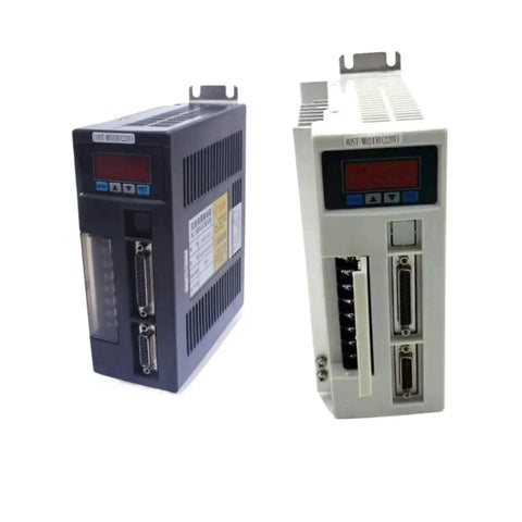 Front view of two AC servo drive modules, dark blue and light gray, with digital displays and multiple connectors.