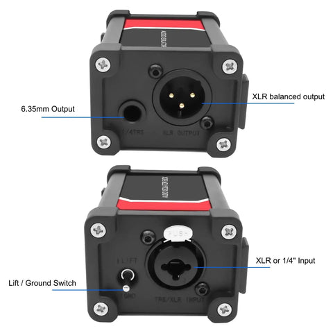 Front and back view of Audio Isolator Box For XLR And 1/4 Inch TRS Gear, Hum Eliminator With Ground Lift Switch, Ground Loop Noise Preventer