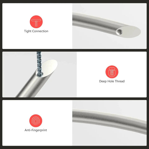 Close-up of 10 Pack 5 Inch Brushed Nickel Cabinet Pulls showing tight connection, deep hole thread, and anti-fingerprint design features.