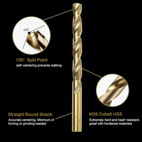 Cobalt Drill Bit Set 13 Pc Pro Grade M35 HSS With 135 Degree Tip For Hardened Metal Wood Plastic And Stainless Steel Includes 13 Sizes From One Sixteenth To One Quarter Inch And A Handy Index Storage Case Axelord, close-up of 135° tip and M35 material features.