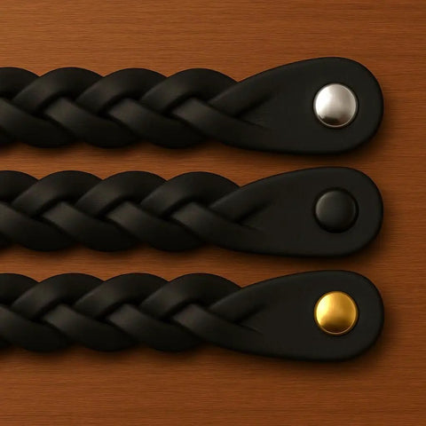 Braided Black Leather Drawer Pulls Set Four Pack Six And A Half Inch Length Leather Handles For Cabinets Dressers And Nightstands Upgrade Your Furniture With Industrial Style Knobs And Premium Rustic Charm displayed on wood surface.