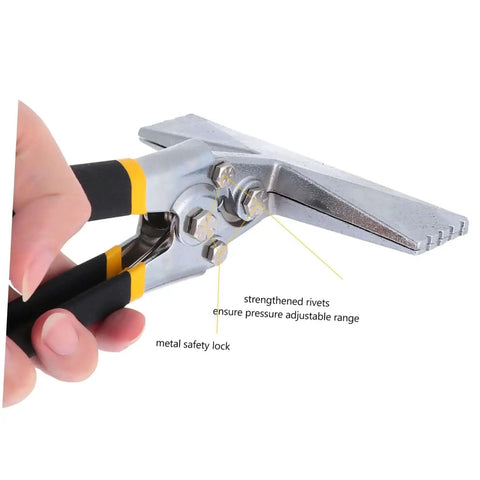 Ergonomic Hand Seamer Tool For Metal Bending with built tough durable construction and wide head for HVAC ductwork, showing secure grip handle.