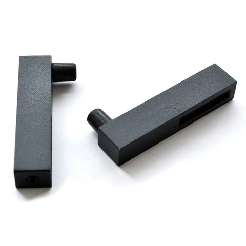 Close-up of black steel parts from Double Sliding Barn Door Hardware Track Kit In Black Steel For Closet And Interior Doors, Bypass Rolling Set, 13.2Ft Length, Hardware Only, Beefed-Up Build, Supports Up To 90Kg, Door Thickness 35-45Mm, Pre Drilled Holes 16In Apart, 5 Year Warranty.