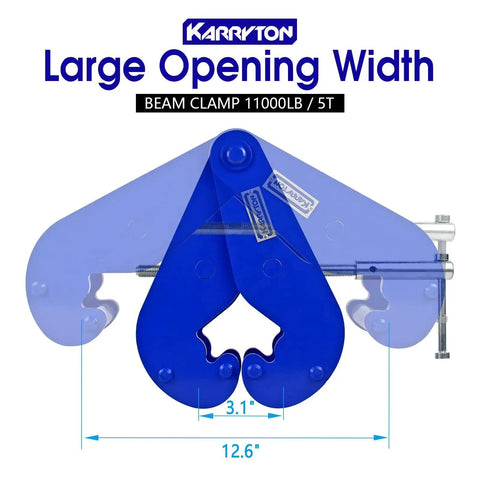 Blue 5 Ton I Beam Clamp For Lifting Rigging 3.1 To 12.6 Inch Flange Beams shown open with dimensions labeled.