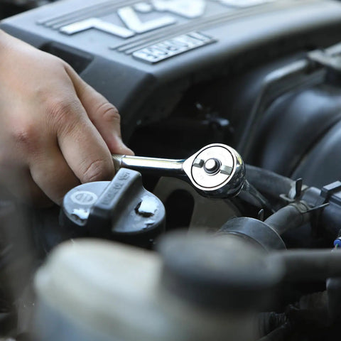 Ultra Precise Gearless Ratchet For Tight Spaces With One Half Inch Drive, Nickel Plated High Carbon Steel in use on car engine