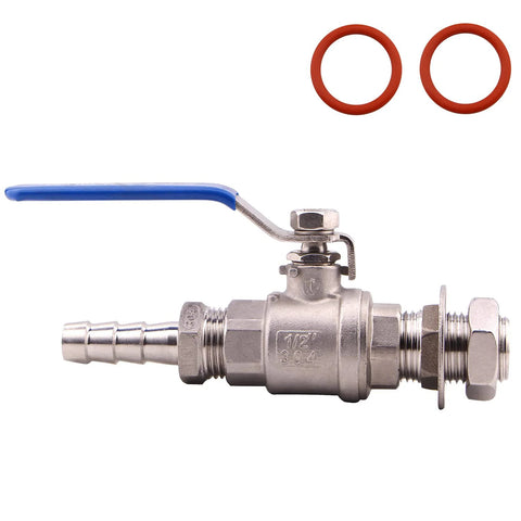 Stainless steel 1/2 in ball valve with blue lever, weldless bulkhead, hose barb ends; includes two red O-rings