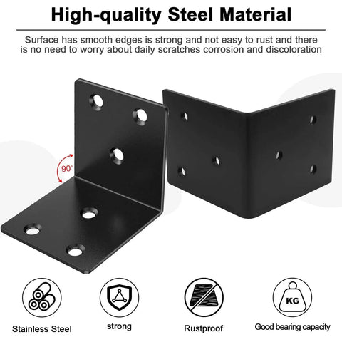 2 Inch Black Corner Brackets Set for Wood Furniture Shelves and Bed 90 Degree L Braces With 120 Screws, close-up view