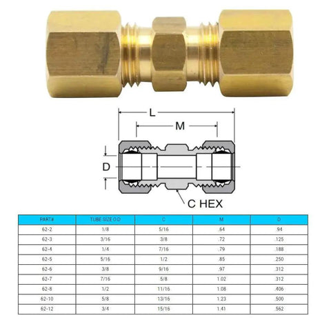 Brass Compression Tube Fitting Union Coupler 1/4 Inch OD To 1/4 Inch OD Pack Of 2 For Copper Aluminum Tubing with diagram and specs