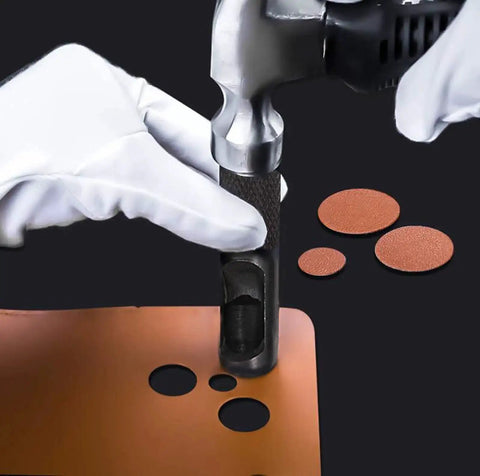 Using Hollow Leather Punch Set Nine Piece Pro Grade 2.5mm To 10.0mm Carbon Steel Round Punches on leather sheet
