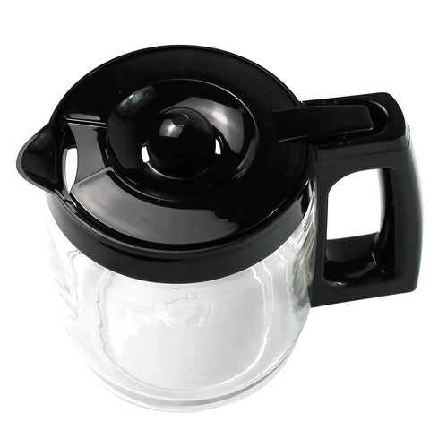 Top-down view of a 12-cup glass coffee carafe with black lid and handle, replacement part for Hamilton coffee makers