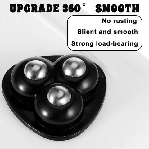 Close-up of black self-adhesive caster wheel with 360-degree swivel rollers for heavy appliances, featuring strong load-bearing design.