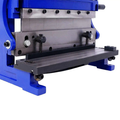 3-In-1 Sheet Metal Brake 12-Inch Workhorse Combo Shear Brake Roll Machine For Pro Shops, close-up showing blue metal unit