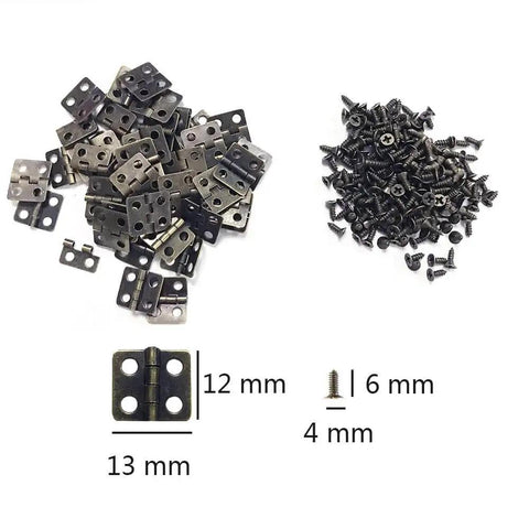 50 Mini Iron Hinges With 200 Screws In Antique Bronze Finish For Wooden Boxes Jewelry Chests And Cabinets DIY Hardware Kit 13x12mm 0.51x0.47in Rust Resistant And Easy Install, shown sorted by size with measurement labels.