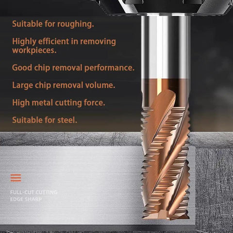 Rugged One Quarter Inch Carbide Roughing End Mill From Sisona With Four Flutes, Two And A Half Inch Overall Length, One Quarter Inch Shank, TiN Coated Tungsten Carbide For Alloy Steels And Hardened Steels, High Heat Resistance And Fast Material Removal, shown in cutting process.