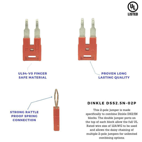 Two Pole Press Fit Jumper For DK2.5N DIN Rail Terminal Blocks, Finger Safe Jumpers For No-Fuss Daisy-Chaining And Clean Power Distribution, 2-Pole Per Jumper, Pack Of 20, Compatible With DK2.5N Blocks shown in front and side view.
