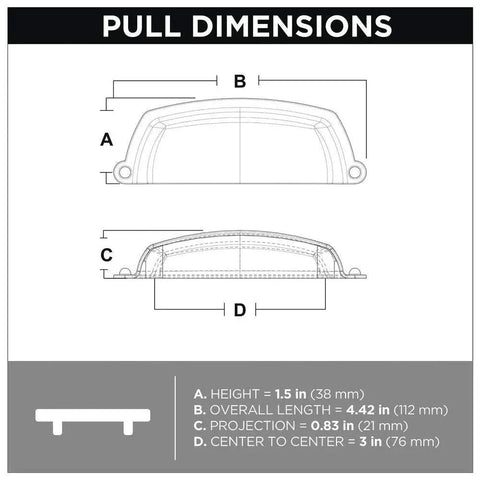 Dimensions diagram of Matte Black Cup Cabinet Pulls 3 Inch Center to Center Handles for Kitchen Cabinets, showing height, length, projection.