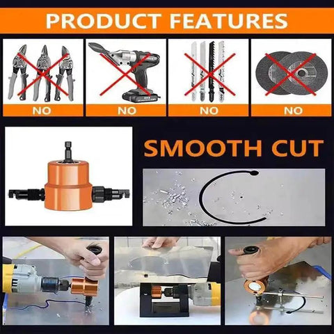 Heavy Duty Double Headed Sheet Metal Cutter With Wrench And Drill Bit Connection, showing smooth cuts on metal sheets; installation and tool views