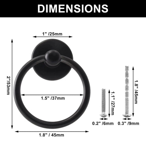 12 Pack Ring Drawer Pull Handles For Cabinets And Drawers, Zinc Alloy Dresser Knobs In Black Finish, 1.8 Inch Outer Diameter with screws