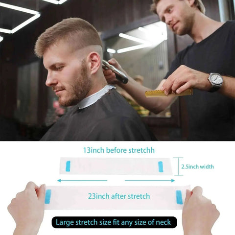 Disposable Neck Strips for Barbershop, 5 Rolls, shown in use on client during haircut, highlighting stretch size and absorbent material.