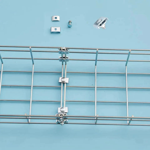 50 Pack Wire Mesh Cable Tray Coupler Kit for Basket Cable Management, showing heavy duty steel splice connectors on mesh tray.