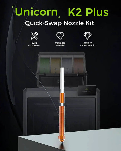 K2 Plus 0.4mm Quick Swap Nozzle Set For 3D Printer with Creality printer in background, showcasing copper alloy design