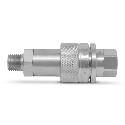 Side view of high pressure hydraulic quick coupler set, one quarter inch NPT, 10,000 PSI, hardened steel for heavy duty systems.