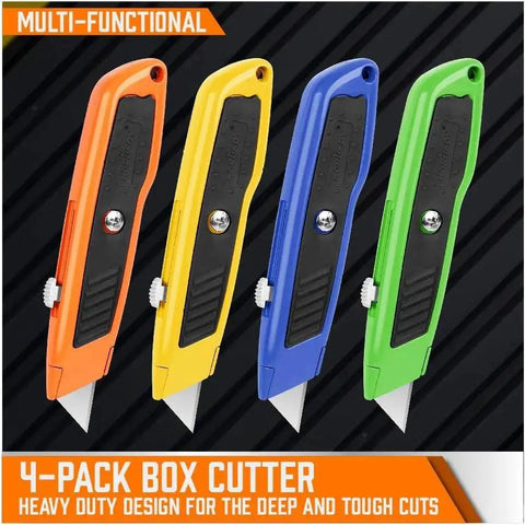 4 Pack Heavy Duty Box Cutter Knives With Aluminum Handle Retractable Blades SK5 in orange, yellow, blue, green colors.