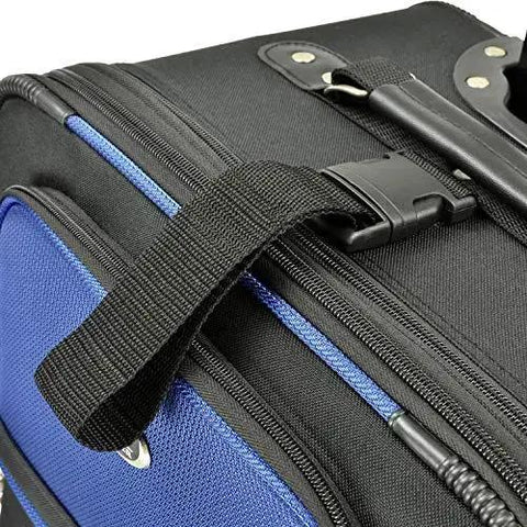 Close-up of New Yorker Lightweight Expandable Rolling Luggage Set By U S Traveler Blue with handle and tear-resistant fabric.