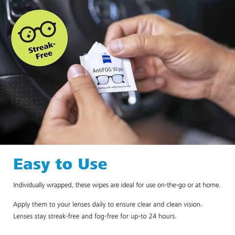 Person holding a pack of ZEISS Anti Fog Wipes for Glasses and Goggles 120 Count 24 Hour Fog Prevention.