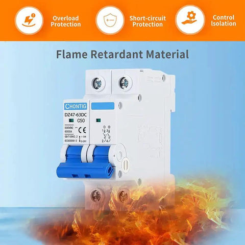 Front view of 50 Amp Miniature DC Circuit Breaker 500V Two Pole Solar PV Disconnect Switch With Thermal Magnetic Trip DIN Rail Mount