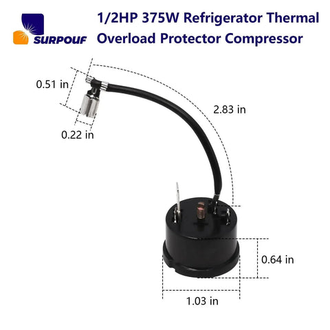 1/2HP 375W Refrigerator Thermal Overload Protector For Compressor Replacement Parts shown with dimensions
