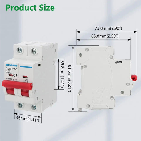 DC Miniature Circuit Breaker DZ47 63Z 500V 2 Poles 50A dimensions and front side view for Battery And Solar PV DC Systems DIN Rail Mount Disconnect Switch Fast Trip Protection For Industrial And Data Center Power Distribution