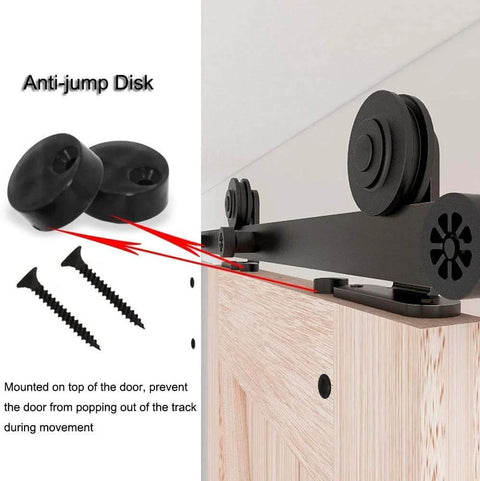 Side view of barn door with Two Pack Sliding Barn Door Rollers Only No Track T Shape Hangers, anti-jump disk and screws visible.