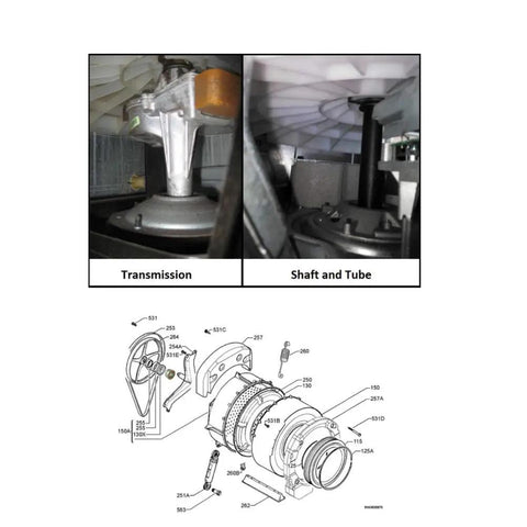 Diagram and photos showing transmission and shaft tube compatible with One Way Bearing 6005 ND14 2RZ For Washing Machines 25x47x18mm Or 25x47x25mm ABEC 1 Workhorse Replacement SZ 4130 SZ 489 Durable Bearing Upgrade For Front Load And Top Load Machines